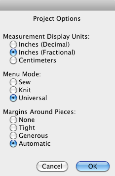 Projects Menu for Metric or Inches