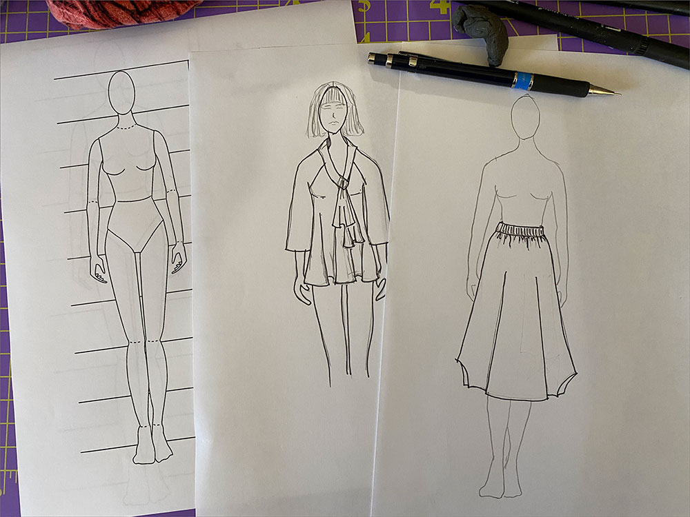 Garments drawn on a fashion croquis